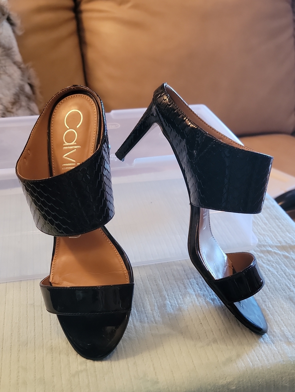 Cute Calvin Klein Black Patent High Heel Mule Sandals